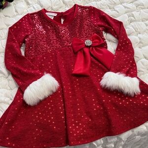 Bonnie Jean Red Sequin Holiday Dress with Bow and Faux Fur Cuffs